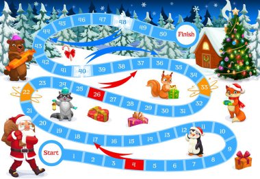 Noel yolu bulmaca şablonu olan bir masa oyunu. Zar oyunlu kış tatili geçmişi, numaralandırılmış basamaklar ve oklar, çizgi film Noel Baba, Noel ağacı ve hediyeler, hayvanlar ve hediye kutuları.