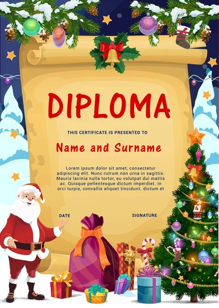 Diploma Niño Navidad Con Carácter Santa Claus Regalos Vacaciones Decorado — Vector de stock