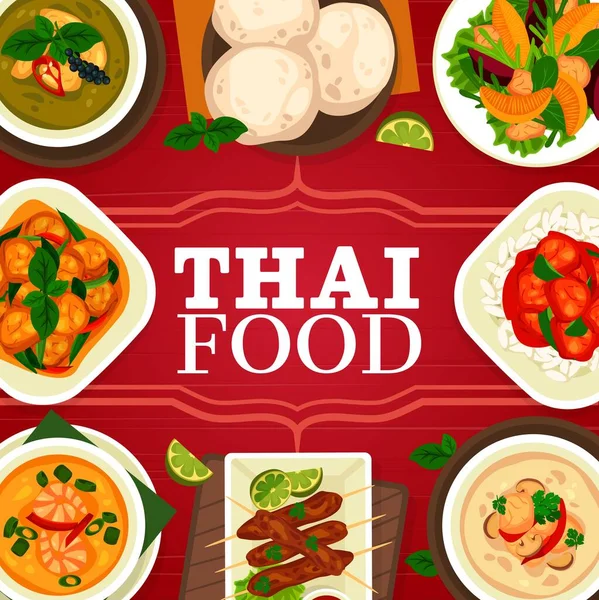 Masakan Thailand Menu Restoran Asia Masakan Thailand Poster Vektor Makanan - Stok Vektor