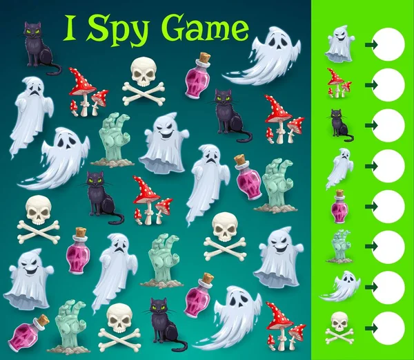 Planilha de quebra-cabeça de palavras de halloween com desenho de feiticeiro, bruxa, abóbora e fantasmas. quiz de palavras para crianças ou grade de jogos de enigmas com fantasmas de terror de halloween