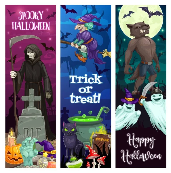 Happy Halloween Banner Mit Gruseligen Monstern Tod Sensenmann Mit Sense — Stockvektor