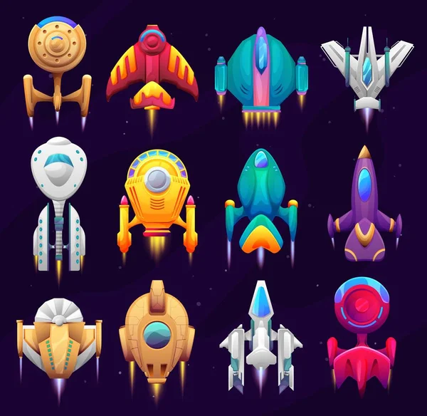 Cartoon Galaxy Space Starships Game Asset Vector Spacecraft Rockets Space — Stock Vector
