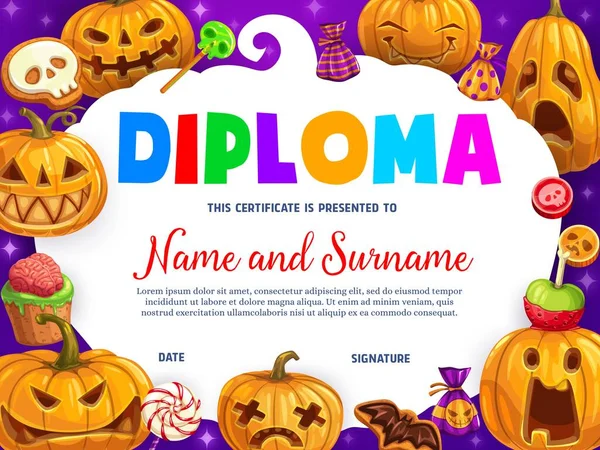 Diploma Infantil Dibujos Animados Divertidos Calabazas Halloween Dulces Certificado Vectorial — Archivo Imágenes Vectoriales