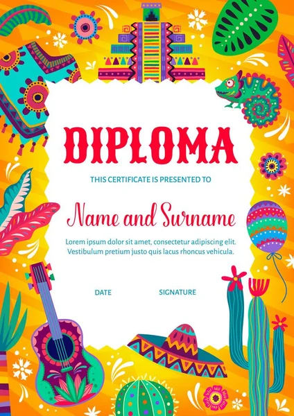 Crianças Diploma Mexicano Poncho Pirâmides Camaleão Flores Guitarra Cactos Educação — Vetor de Stock