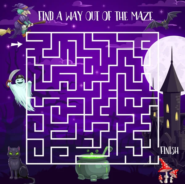 Halloween Noc Labyrint Bludiště Děti Hra Strašidelnými Postavami Vektorové Puzzle — Stockový vektor