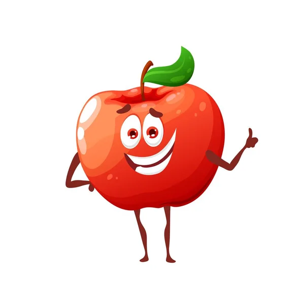 卡通生红苹果可爱的性格 成熟的农场水果有趣的矢量吉祥物 快乐的笑着的苹果性格与叶子 孤独可爱的人伸出大拇指手势 — 图库矢量图片