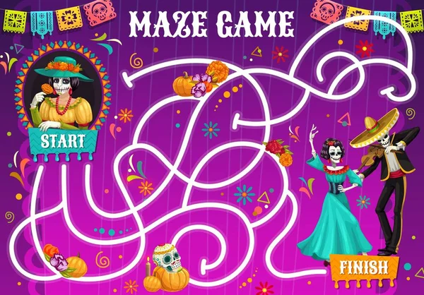 Labyrinthlabyrinth Rätsel Dia Los Muertos Urlaubsfiguren Kinder Pfadfinder Vektor Puzzle — Stockvektor