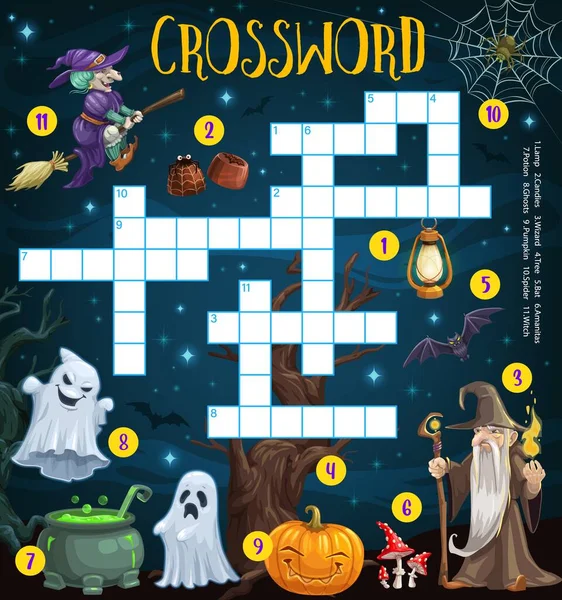 Buon Cruciverba Halloween Puzzle Griglia Con Cartone Animato Stregone Strega — Vettoriale Stock