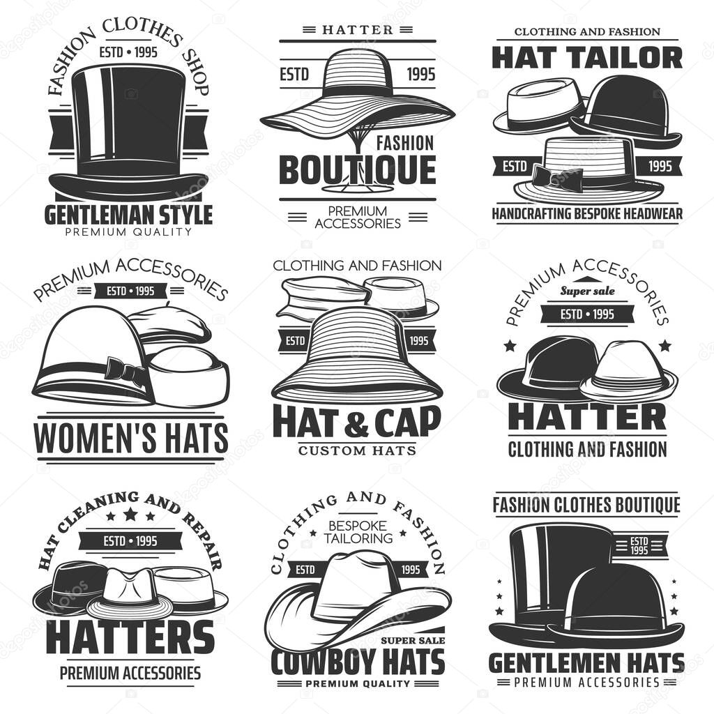 Hatter, hat tailor and cowboy hat icons, headwear shop or hatmaking millinery salon vector emblems. Gentlemen caps and women retro hats tailoring and sewing workshop or fashion accessories