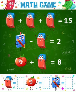 Matematik oyun çalışma tablosu, çizgi film silgisi, kırmızı elma ve okul kitabı, vektör eğitim labirenti. Toplama ve çıkarma öğrenimi için çocuk aktivitesi bulmacası, matematik numaraları mantık testi ve beyin teaser