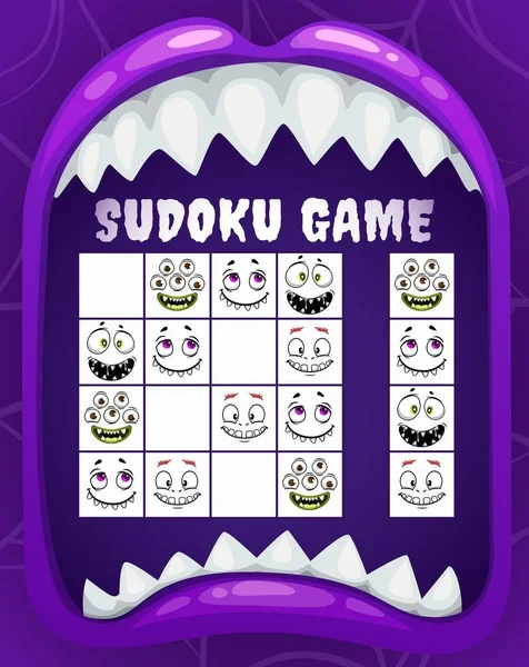 Kinderen Sudoku Spel Puzzel Met Cartoon Vector Gezichten Van Halloween — Stockvector