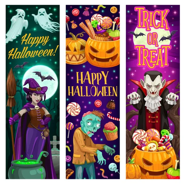 Happy Halloween Trick Oder Treten Banner Mit Monstern Und Süßigkeiten — Stockvektor