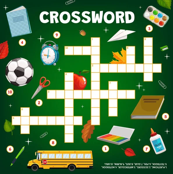 Crossword Puzzle Hra Karikatura Školní Vzdělávání Papírnictví Autobus Míč Vektor — Stockový vektor