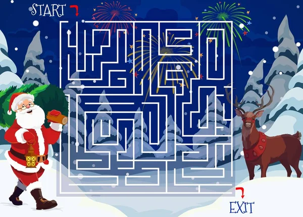 Kerst Doolhof Labyrint Spel Met Cartoon Vector Santa Kinderen Onderwijs — Stockvector