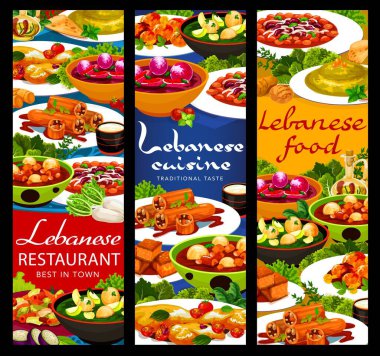 Lübnan mutfağı, Arap sebzeli, etli ve tatlı tabaklı gıda taşıyıcı afişleri. Humus, köfte çorbası ve kofta köftesi, yağlı salata, pasta, kabak dolması ve halloumi peyniri.