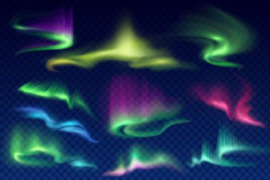 Kuzey kutup ışıkları, Aurora Borealis vektör parıltısı. Kuzey Kutbu doğal fenomeni, gece gökyüzünde inanılmaz yanardöner bir aydınlatma. Gerçekçi 3D parlayan Aurora seti şeffaf arkaplanda izole edildi
