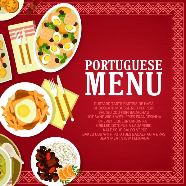 Portekiz Restoranının Menü Kartı Şablonunda Balık Sebze Yemekleri Var Pişmiş — Stok Vektör