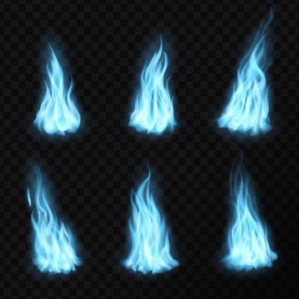 ガスと現実的な青い炎 光のエネルギー炎のベクトルアイコン 背景に発光効果 爆発煙や燃焼フレアや青い火球と青のガスや火の炎 — ストックベクタ