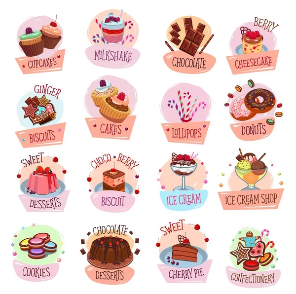 Édességek Desszertek Jégkrém Csokoládé Vektor Ikonok Édes Ételekről Torta Fánk — Stock Vector