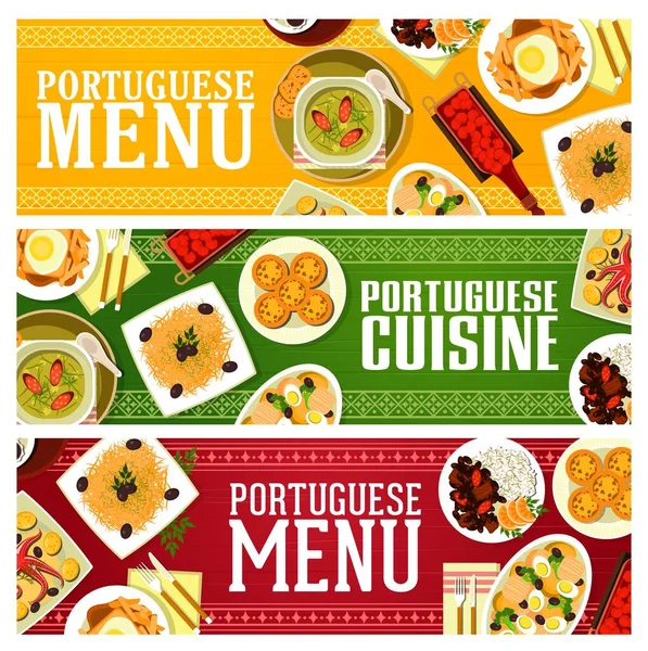 Cocina Portuguesa Banderas Vectoriales Alimentos Con Guiso Carne Feijoada Sopa — Vector de stock