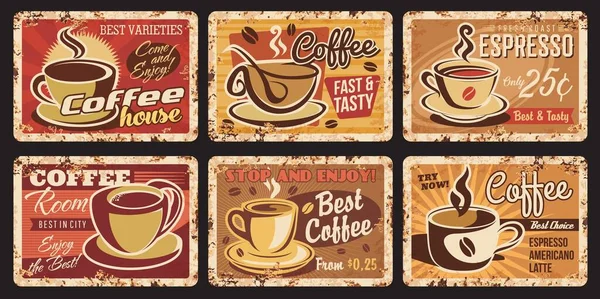 Vintage Steaming Coffee Rusty Plates Coffeehouse Cafe Hot Drinks Beverages — Stock Vector