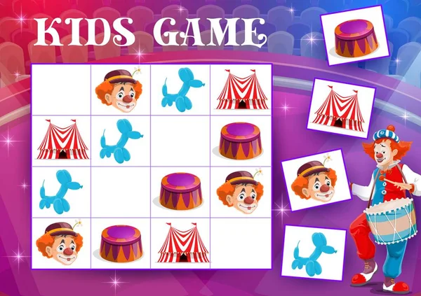 Sudoku Labyrinthe Enfants Jeu Avec Des Clowns Cirque Des Articles — Image vectorielle
