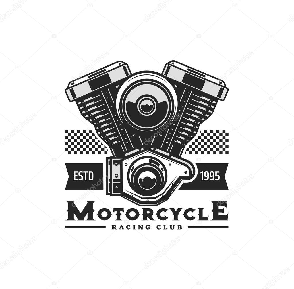 Motorcycle engine icon with vector motor bike or chopper vehicle two cylinder piston engine. Biker or racing sport club, garage, repair service and motorbike spare part shop isolated symbol design