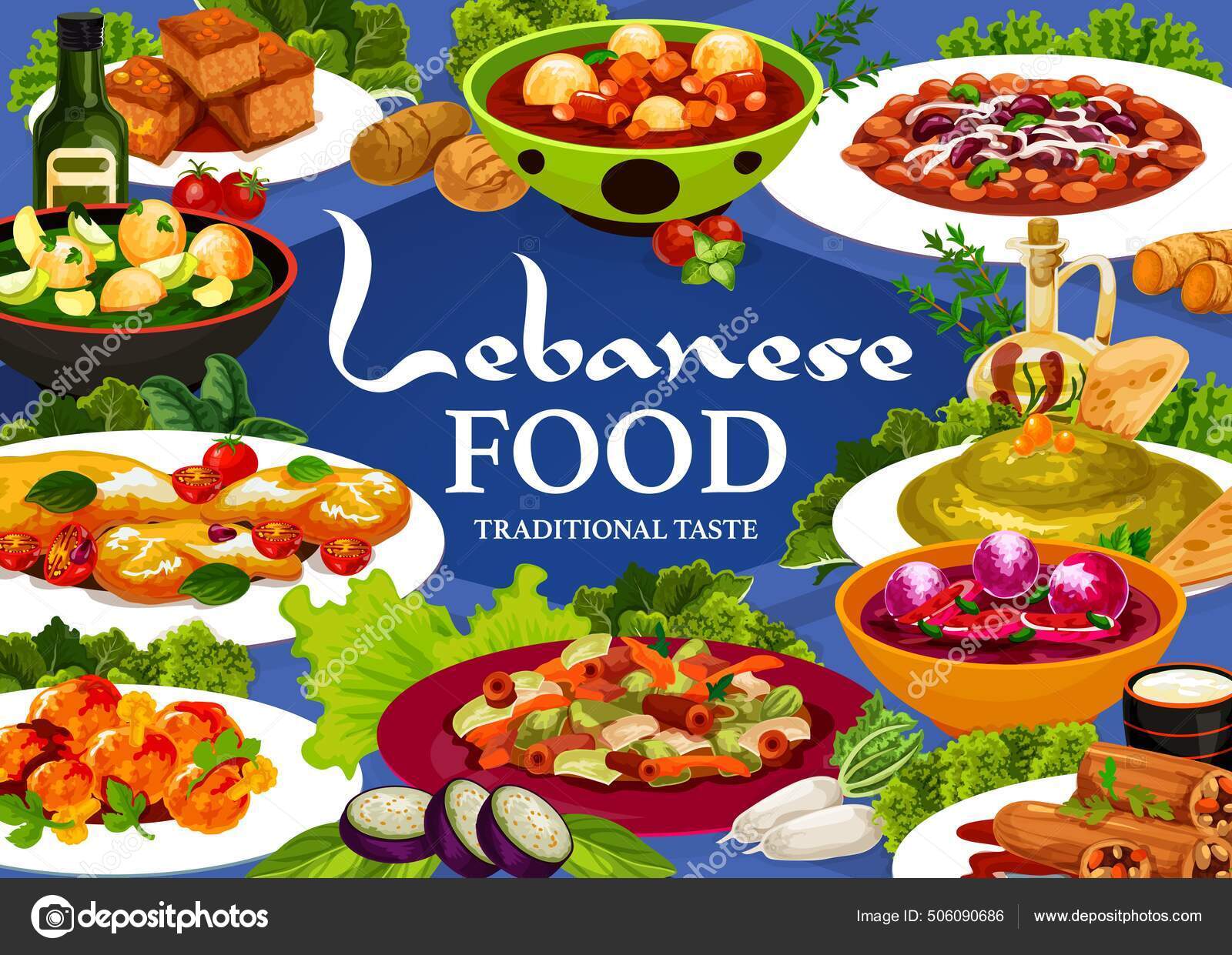 Lebanese Food Menu Cover Arab Cuisine Vector Dishes Hummus Vegetable