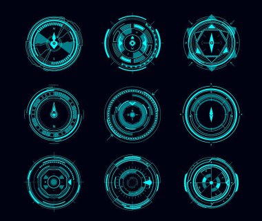 Gelecekçi navigasyon arayüzünün HUD pusulası ya da hedef kontrol paneli. Dijital pusula ya da görüntü bulucu ekranlı Sci Fi oyununun vektör ui 'si, neon parlayan rüzgar gülü okları, hedef dürbünler ve çapraz gölgesi