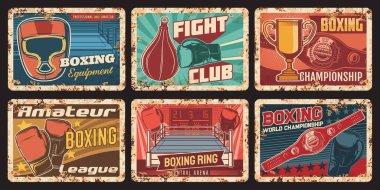 Boxing championship, sport equipment shop rusty metal plates. Boxing gloves and headgear, punching bag, champion cup and belt, ring vector. Fight club, amateur sport league retro banners clipart