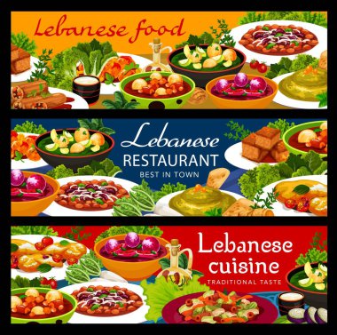 Lebanese cuisine restaurant food vector banners with Arab hummus, meat bean stew, vegetable dumpling soups and dessert. Lamb kofta meatballs, fattoush salad and halloumi cheese, cake, stuffed zucchini clipart
