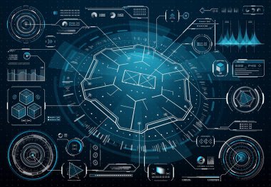 HUD fütüristik kullanıcı arayüzü, iş teknolojisi bilgileri, dijital gösterge tablosu, veri tablosu. Vektör hologram ögeleri, bilgi göstergeleri, bilgi kutuları, ui arama başlıkları, dijital yüksek teknoloji tarzı barlar