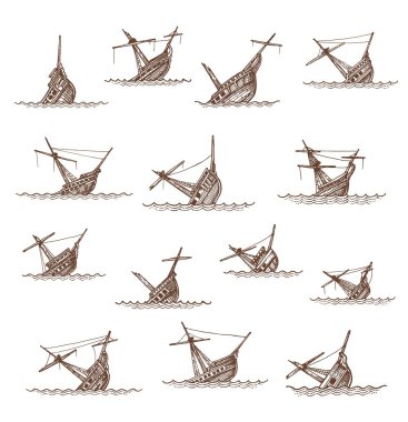 Sunken sailing ships and sailboats sketch, vector boat wrecks or shipwrecks. Broken drowned or sinking ships in sea or ocean waves, vintage hand drawn sunken pirate frigate ships. Map elements clipart