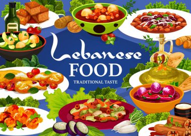 Lebanese food menu cover with Arab cuisine vector dishes. Hummus, vegetable dumpling soups and meat bean stew, lamb kofta meatballs, cake and fattoush salad, halloumi cheese and stuffed zucchini clipart