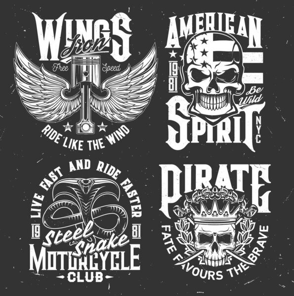 Tshirt prints with winged engine valves, skulls and cobra vector mascots for motorcycle club apparel design. Monochrome t shirt prints or emblems for biker team, isolated labels with typography set