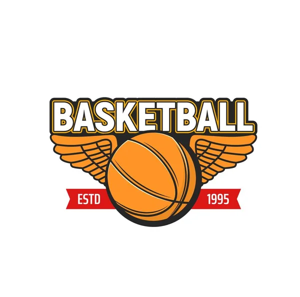 具有羽翼图标的篮球运动游戏矢量设计 篮球队队员的橙色橡胶或皮球是体育俱乐部 竞赛比赛或锦标赛设计的孤立标志 — 图库矢量图片