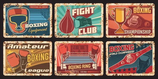 Championnat Boxe Magasin Équipement Sportif Plaques Métalliques Rouillées Gants Coiffures — Image vectorielle