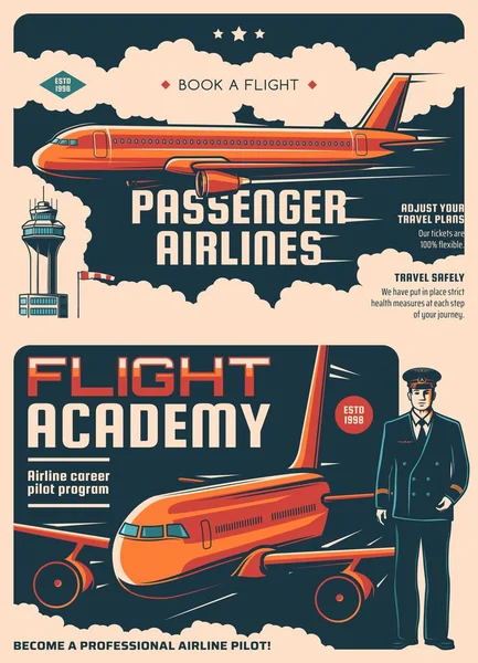 Passagerare Flygbolag Och Flyg Akademi Retro Affischer Flygindustrin Flygbiljetter Bokningstjänst — Stock vektor