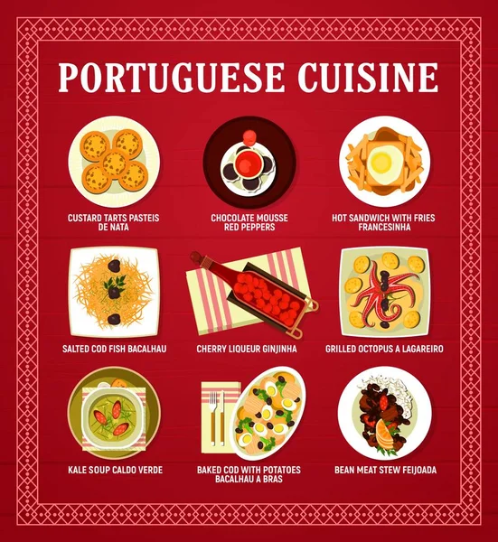Portekiz Mutfağı Menü Vektör Kartı Çinde Deniz Ürünleri Sebze Restoranları — Stok Vektör