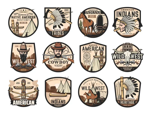 Wild West Amerikaanse Westerse Iconen Van Saloon Cowboy Longhorn Bull — Stockvector