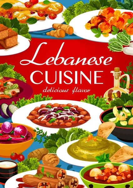 Lübnan Mutfağı Menüsü Vektör Arap Yemeği Sebze Çorbası Humus Fasulyesi — Stok Vektör