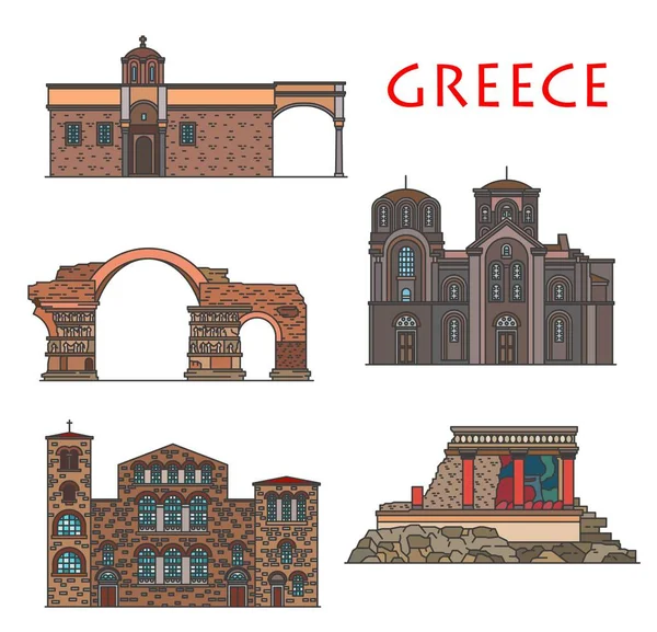 Greece Architecture Antique Greek Buildings Thessaloniki Crete Vector Landmarks Hagios — Stock Vector