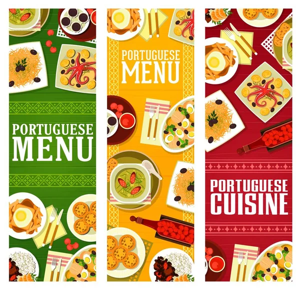 Menú Cocina Portuguesa Banderas Vectoriales Carnes Mariscos Verduras Postres Licor — Archivo Imágenes Vectoriales