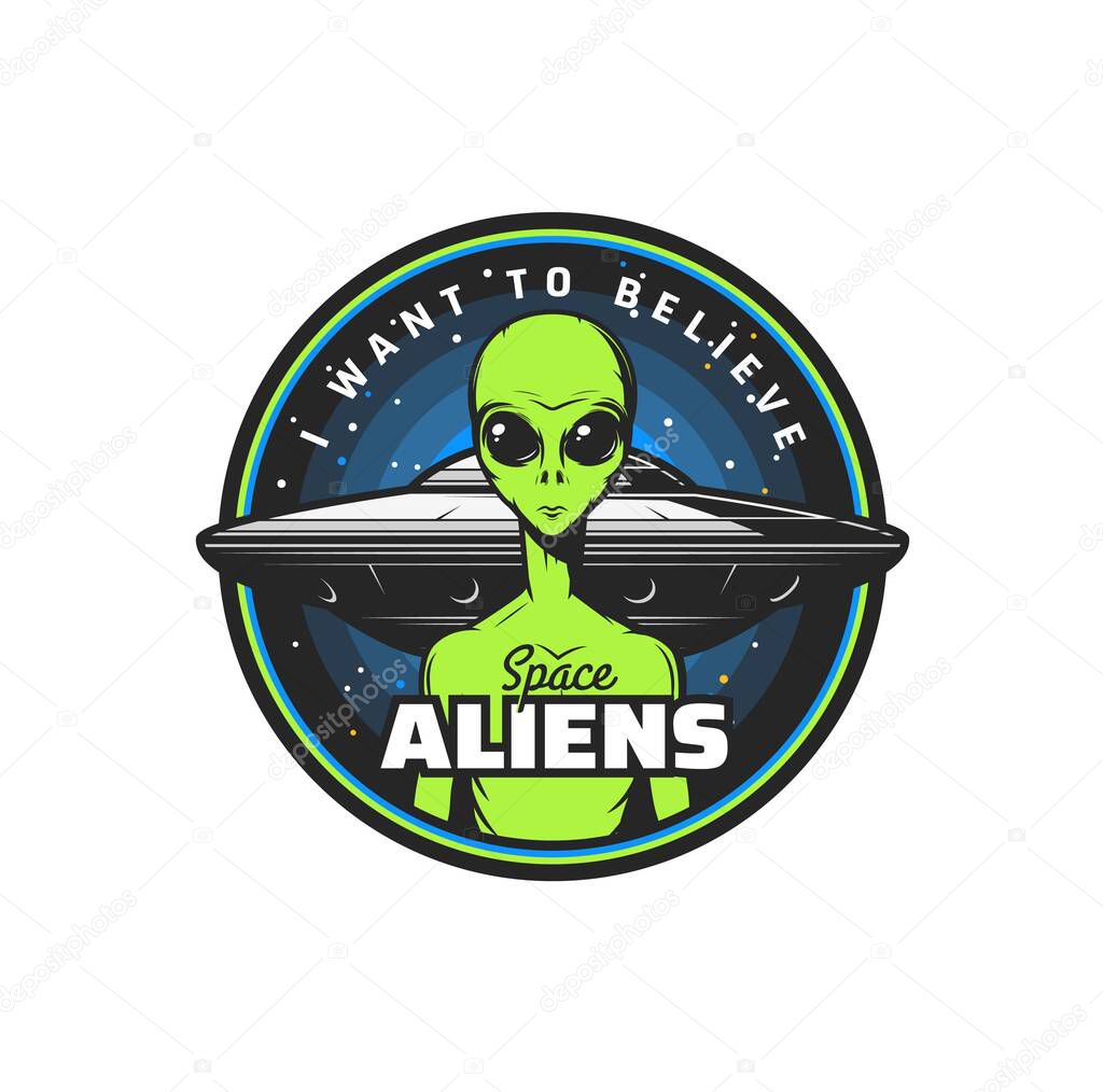 Aliens icon with vector UFO and space monster. Flying saucer spaceship and green martian extraterrestrial creature with angry face and big eyes, galaxy universe stars and asteroids isolated symbol