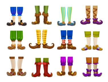 Cüce bacakları, elf, büyücü, sihirbaz ve büyücü, sihirbaz ve büyücü. İzole edilmiş vektör ayakları ve komik çizgili pantolonları, çorapları, çizmeleri ve taytları olan sihirli peri karakterlerinin ayakkabıları.