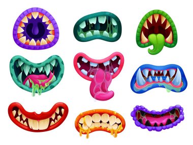Cartoon Halloween danger monster jaws and mouth with teeth and tongues, vector mask icons. Halloween horror night beast werewolf and vampire monster jaws with scary sharp fangs and saliva tongues clipart