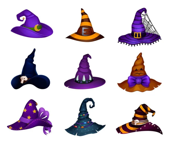 Sorcière Bande Dessinée Sorcière Enchanteresse Charmeur Chapeaux Halloween Icônes Vectorielles — Image vectorielle