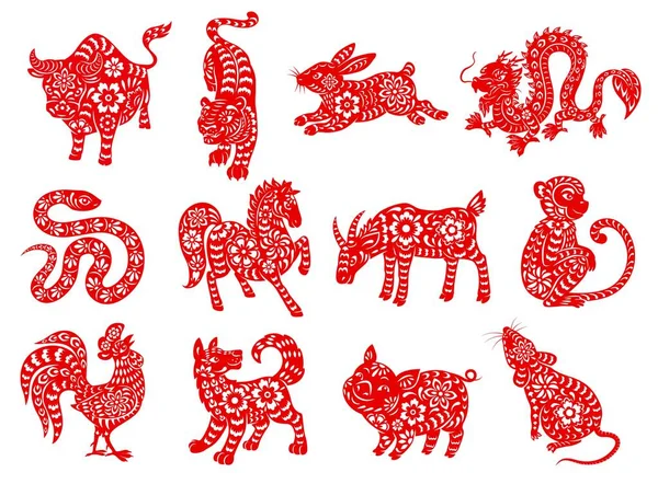 Chinese Zodiak Horoscoop Dieren Rode Papercut Tekens Van Maankalender Twaalf — Stockvector