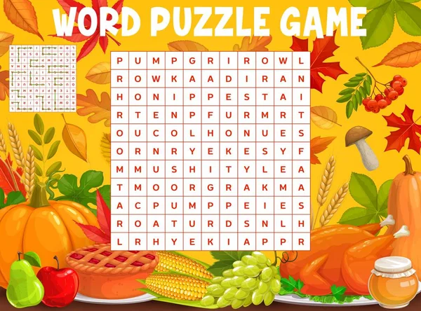 Autumn Leaves Thanksgiving Meals Word Search Puzzle Game Worksheet Kids — Stock Vector