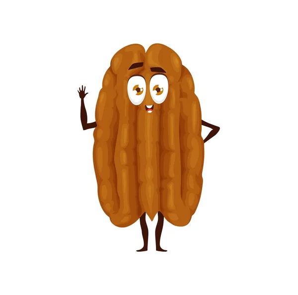 Cartoon Pecan Nut Character Kids Yummy Food Personage Vector Cute — Stock Vector